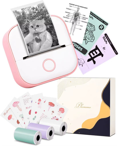 T02 Mini Portable Small Printer with 3 Rolls Paper Sticker Printer Machine Study Printer for Picture Photos Journal DIY