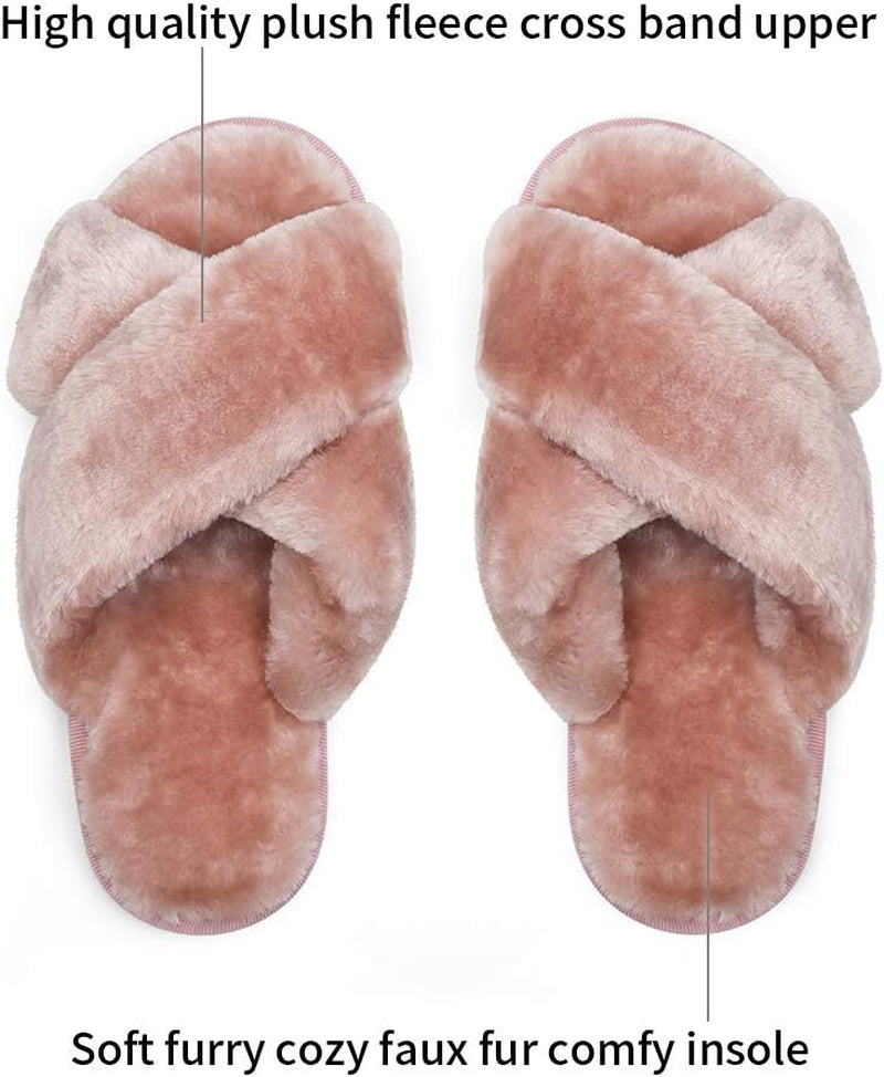 Women'S 801 Cross Band Slippers, Soft Plush Furry Open Toe Fur Slides, Fuzzy Fluffy Slip on House Shoes Indoor Outdoor Slippers