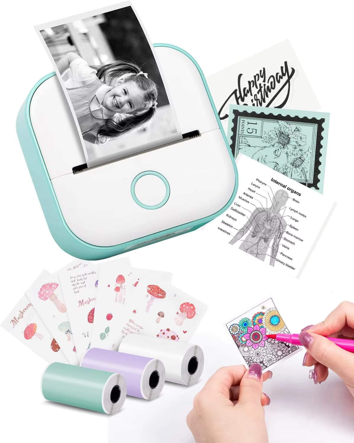 T02 Mini Portable Small Printer with 3 Rolls Paper Sticker Printer Machine Study Printer for Picture Photos Journal DIY