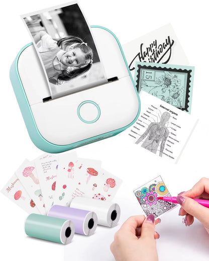 T02 Mini Portable Small Printer with 3 Rolls Paper Sticker Printer Machine Study Printer for Picture Photos Journal DIY