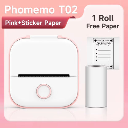 T02 Mini Portable Small Printer with 3 Rolls Paper Sticker Printer Machine Study Printer for Picture Photos Journal DIY