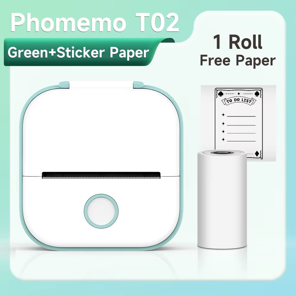 T02 Mini Portable Small Printer with 3 Rolls Paper Sticker Printer Machine Study Printer for Picture Photos Journal DIY