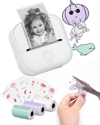 T02 Mini Portable Small Printer with 3 Rolls Paper Sticker Printer Machine Study Printer for Picture Photos Journal DIY