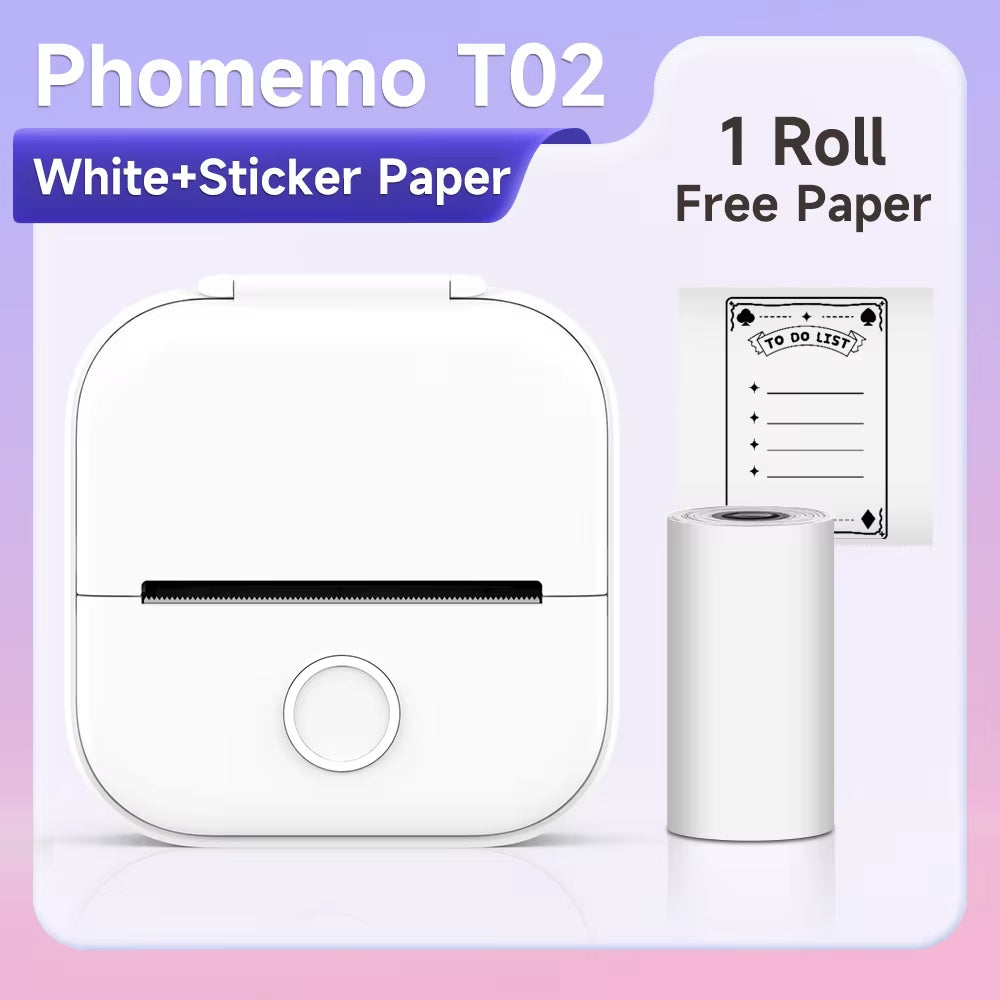 T02 Mini Portable Small Printer with 3 Rolls Paper Sticker Printer Machine Study Printer for Picture Photos Journal DIY