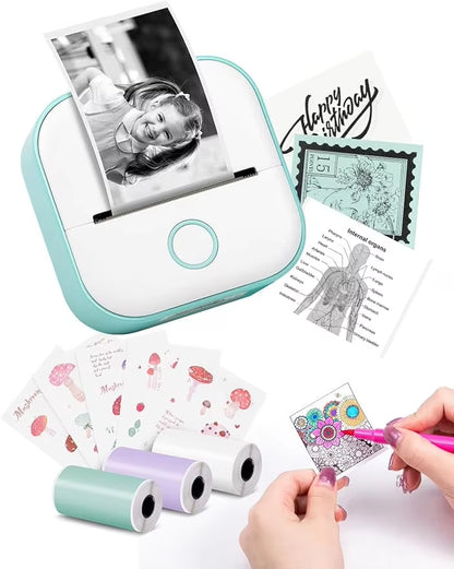 T02 Mini Portable Small Printer with 3 Rolls Paper Sticker Printer Machine Study Printer for Picture Photos Journal DIY